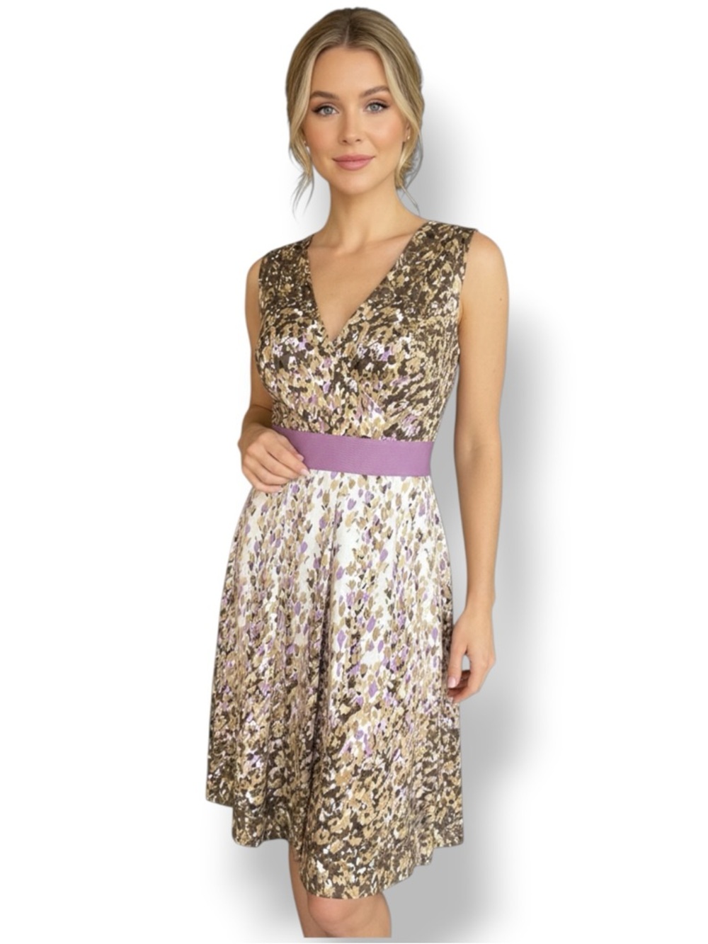 Charles Nolan Sleeveless V-Neck Party Dress in Mauve and Gold Floral. Women Sz S